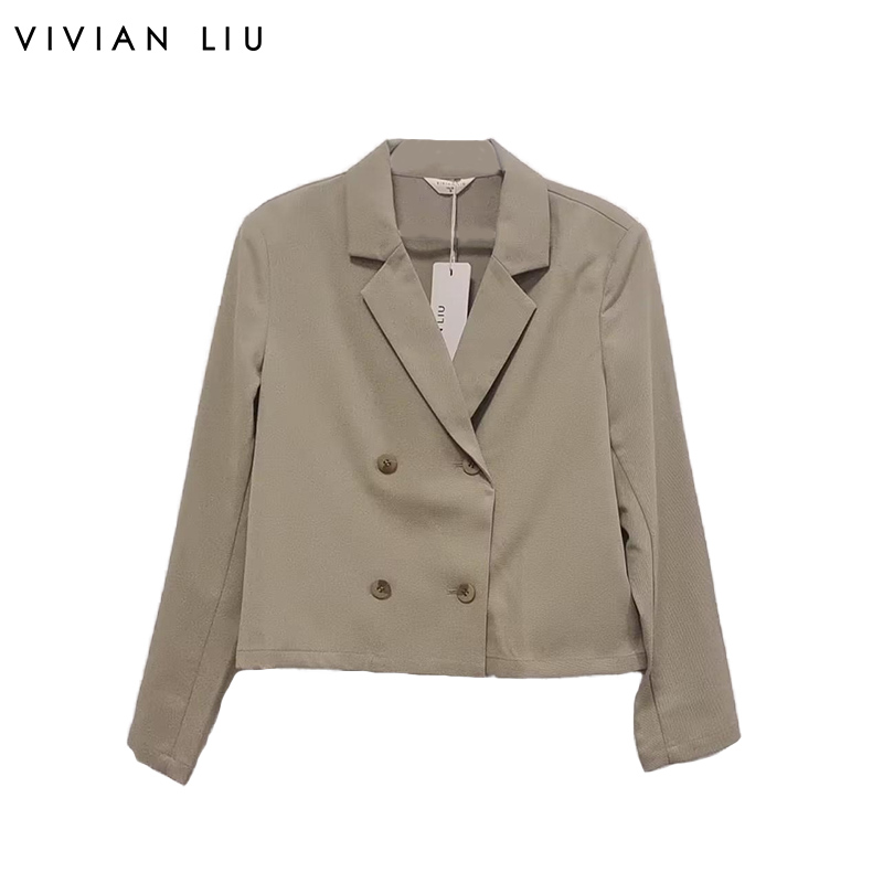 翻领双排扣短款西装外套