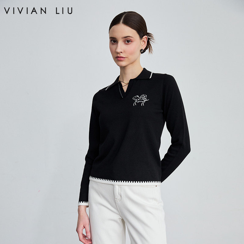VIVIAN LIU薇薇安刘F2556306秋女装新款修身小马刺绣翻领毛衫