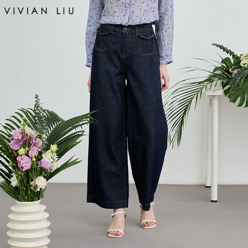 VIVIAN LIU薇薇安刘C2625002春女装新款复古丹宁明线阔腿牛仔裤