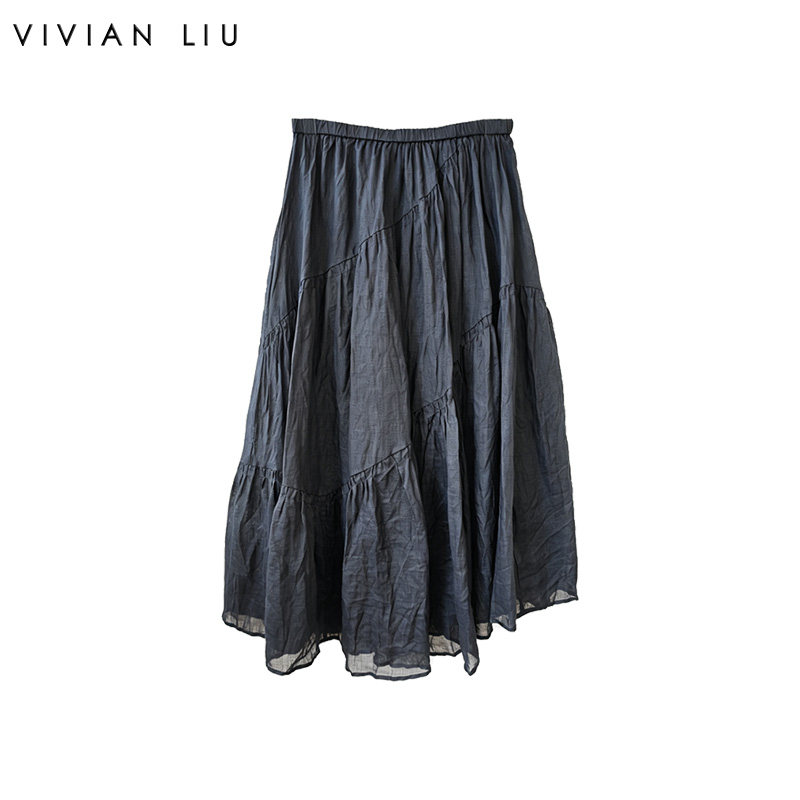 VIVIAN LIU薇薇安刘D2634011夏女装新款苎麻斜分割松紧腰A字半裙