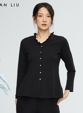 VIVIAN LIU薇薇安刘R2347308秋女装新款木耳边领收腰长袖针织衫