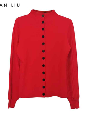 VIVIAN LIU薇薇安刘F2556307秋季女装新款半高领撞色扣灯笼袖开衫