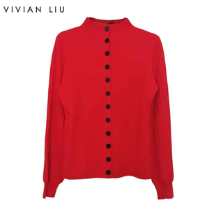 VIVIAN LIU薇薇安刘F2556307秋季女装新款半高领撞色扣灯笼袖开衫