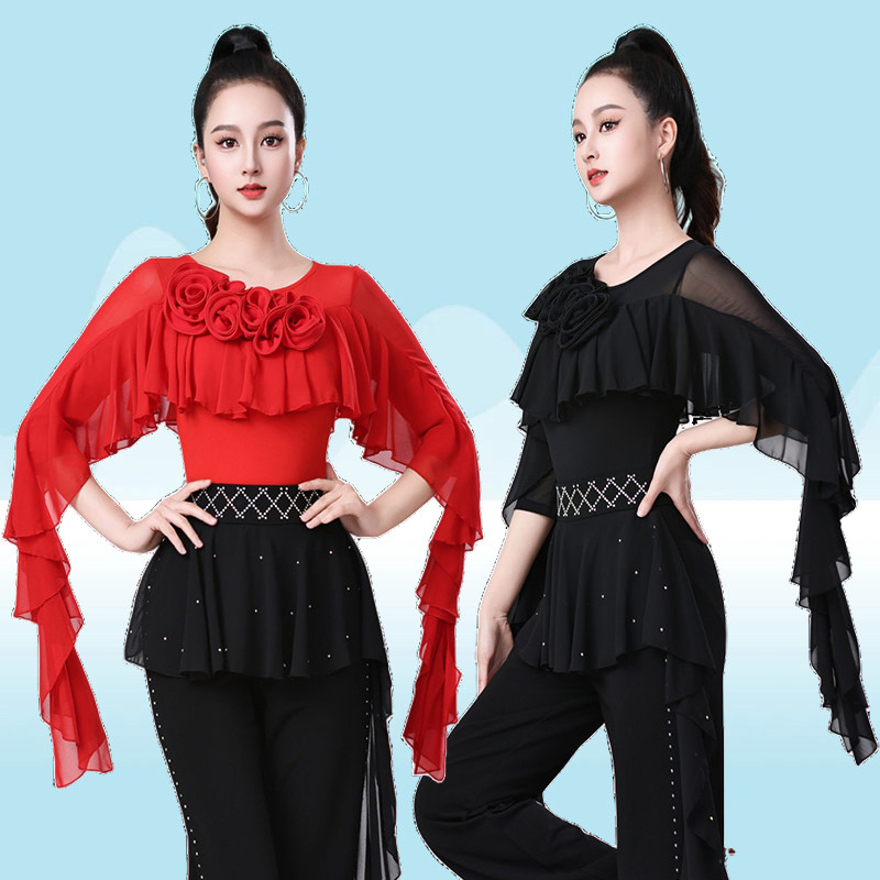 新款拉丁舞演出服装女连体衣荷叶边上衣网纱摩登舞蹈服三步踩镶钻