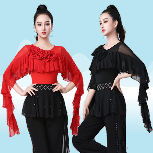 新款拉丁舞演出服装女连体衣荷叶边上衣网纱摩登舞蹈服三步踩镶钻