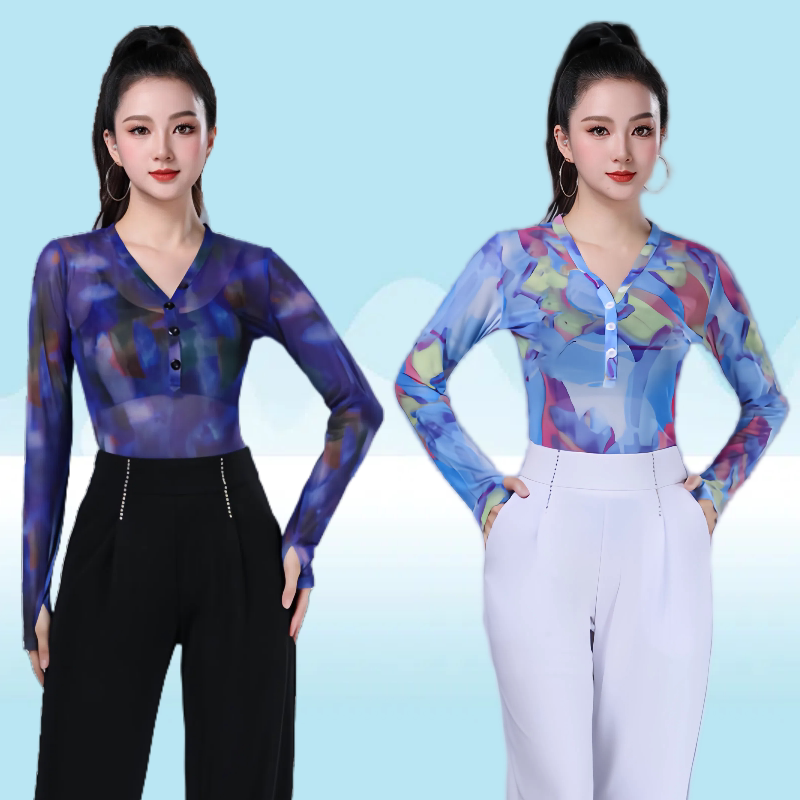 新款拉丁舞练功服女成人长袖网纱印花上衣时尚国标交谊广场舞蹈服