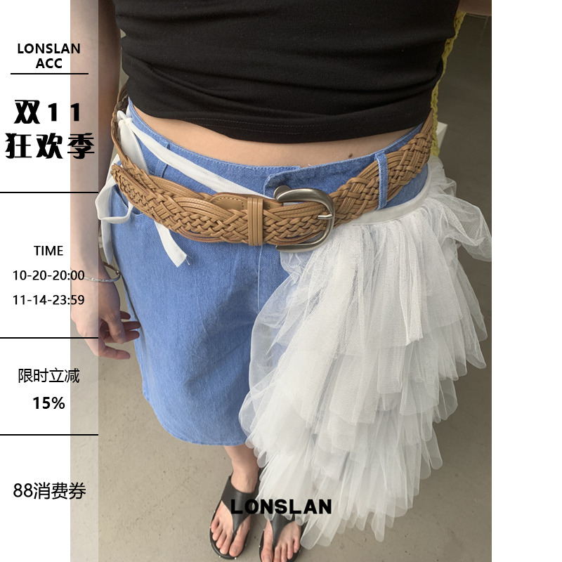 2LONSLAN ACC 2025ss百搭时尚编织波西米亚风皮带金属扣腰带腰封