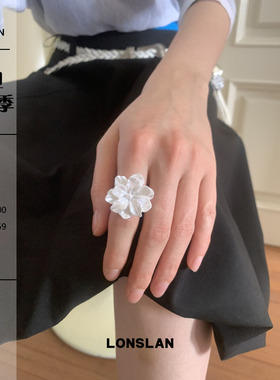 LONSLAN ACC 2025ss韩系开口珍珠白色立体花朵百搭可开口戒指