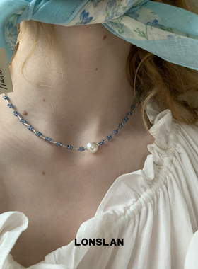 LONSLAN ACC 春夏韩系青色小碎花拼接串珠项链百搭锁骨链