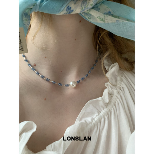 LONSLAN ACC 春夏韩系青色小碎花拼接串珠项链百搭锁骨链