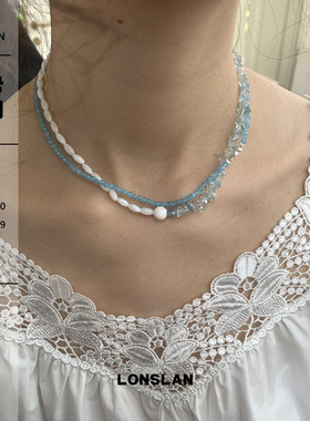LONSLAN ACC 2025ss韩系蓝色小米粒串珠银色项链套组细款猫眼石