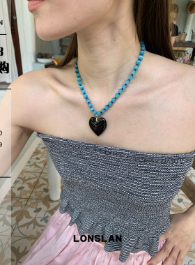 LONSLAN ACC 春夏可爱蓝色串珠爱心吊坠项链
