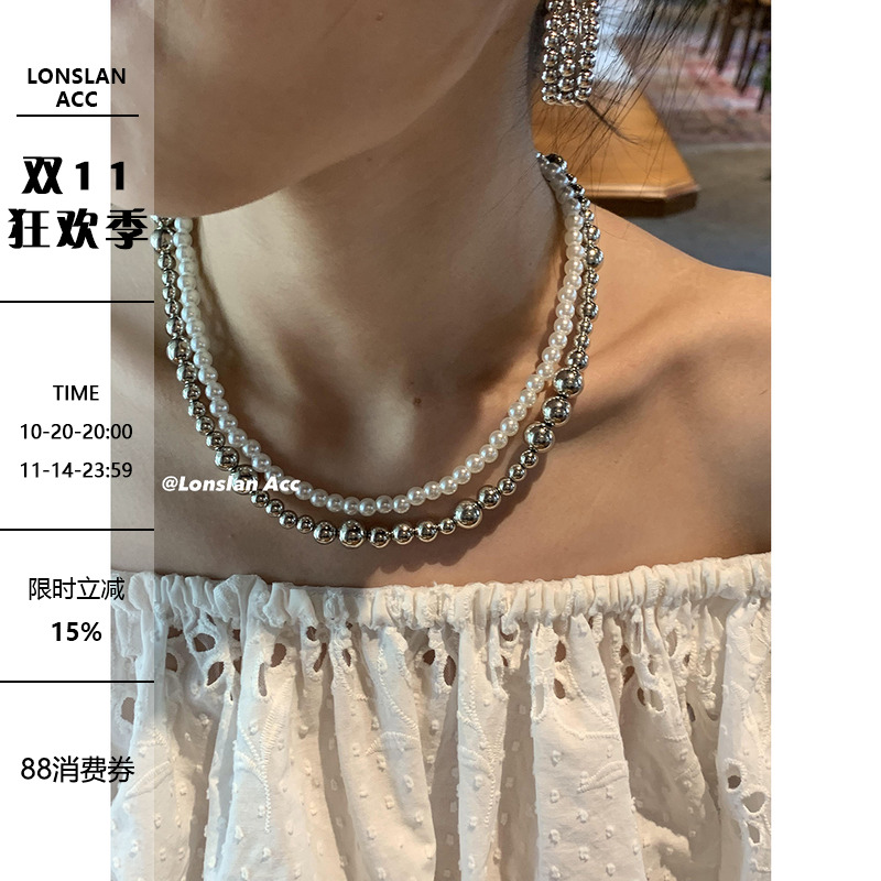 LONSLAN ACC简约小众设计感珍珠金属球球缠绕双层项链