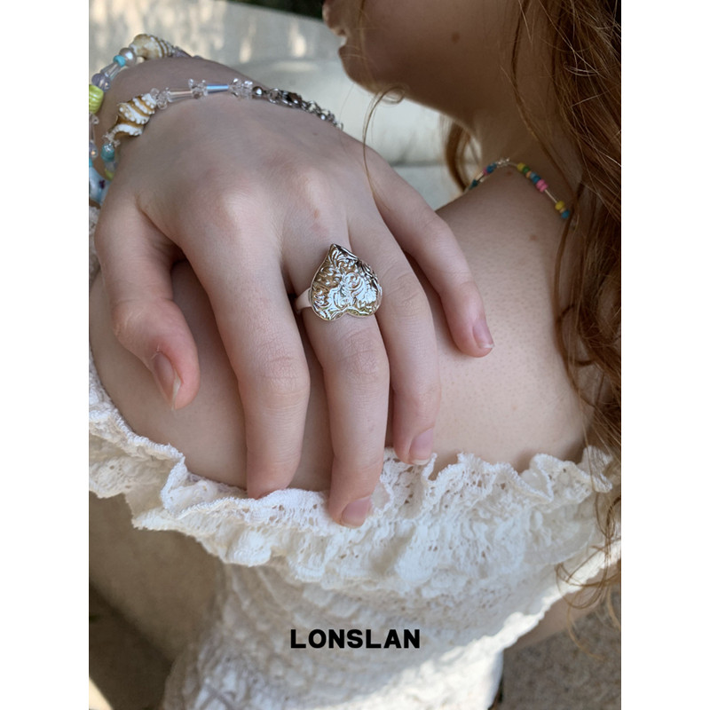 LONSLAN ACC 2025ss 设计感银色简约图腾戒指桃心花纹食指戒