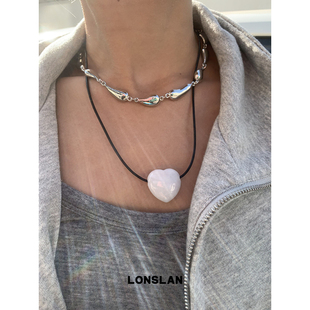 简约爱心黑绳玉石项链小众叠戴锁骨链 2025SS个性 LONSLAN ACC