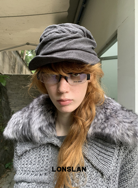 LONSLAN ACC 秋冬复古灰色褶皱显脸小云朵帽百搭时尚报童帽