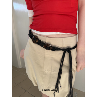 LONSLAN 2025ss小众设计木质圆环编织流苏腰带复古百搭皮带 ACC