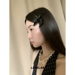 LONSLAN 2025ss韩系少女黑色串珠蝴蝶结一字夹可爱发卡 ACC