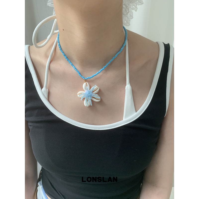 3LONSLAN ACC 2025ss可爱彩色花朵贝壳串珠蓝色项链百搭颈链