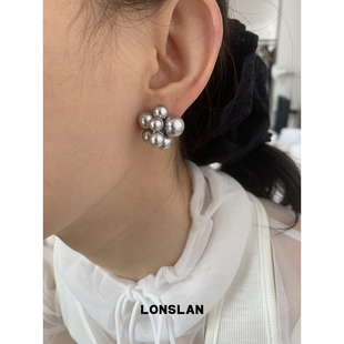 灰银色不规则串珠耳钉 2025ss韩系气质款 LONSLAN ACC