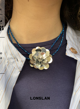 LONSLAN ACC 2025ss设计感亮片花朵蓝色复古串珠项链可爱颈链