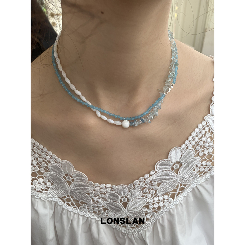 LONSLAN ACC 2025ss韩系蓝色小米粒串珠银色项链套组细款猫眼石