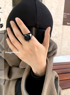 LONSLAN ACC 质感黑色爱心麻花开口碎钻戒指组合