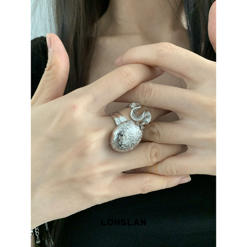 LONSLAN ACC 2025ss韩国设计感开口椭圆肌理图腾叠戴戒指