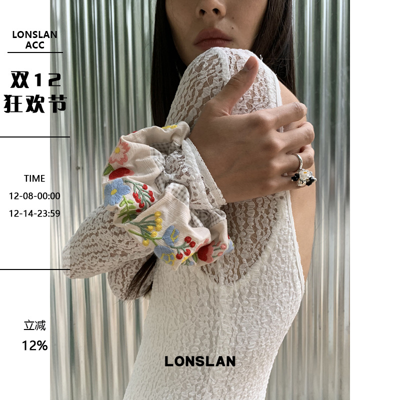 LONSLAN ACC 2025ss重工花朵刺绣拼色春夏发圈格纹手工发饰