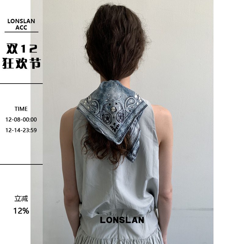 LONSLAN ACC 2025ss小众设计复古图腾印花方形缎面发圈