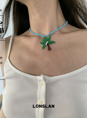 LONSLAN ACC 2025ss海边度假风串珠椰子树蓝色项链百搭锁骨链