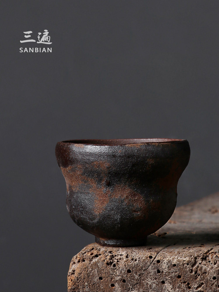 三次手揉葫芦茶杯景德镇侘寂式方杯信野烧制茶杯创意石器茶具单杯