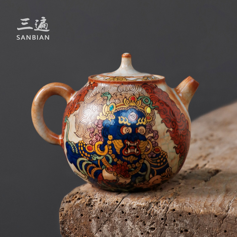 九觉堂手绘唐卡粗陶柴烧手抓壶