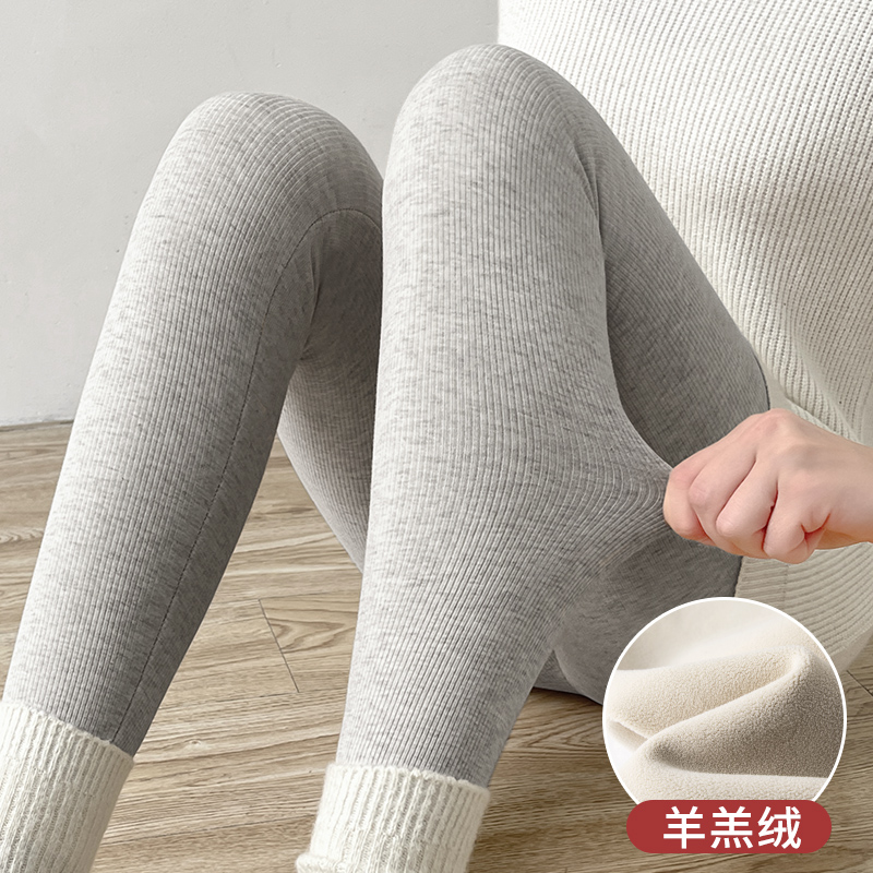灰色竖纹打底裤女外穿秋冬季高腰加绒加厚保暖棉毛裤紧身内穿秋裤