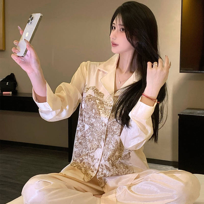 女款冰丝奢华睡衣套装春秋款图片