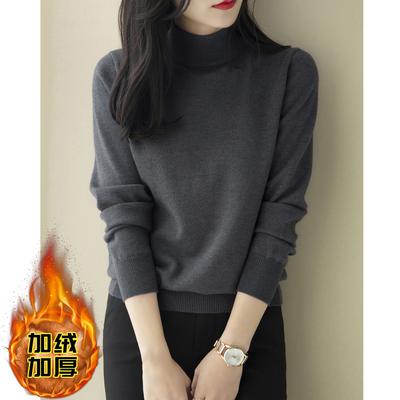 春季新款半高领宽松加绒加厚打底毛衣女装一体绒水貂绒灰色针织衫