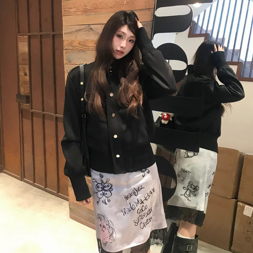 SOLOTARIO原创收腰立领设计感夹克女春季新品黑色麂皮质感短外套