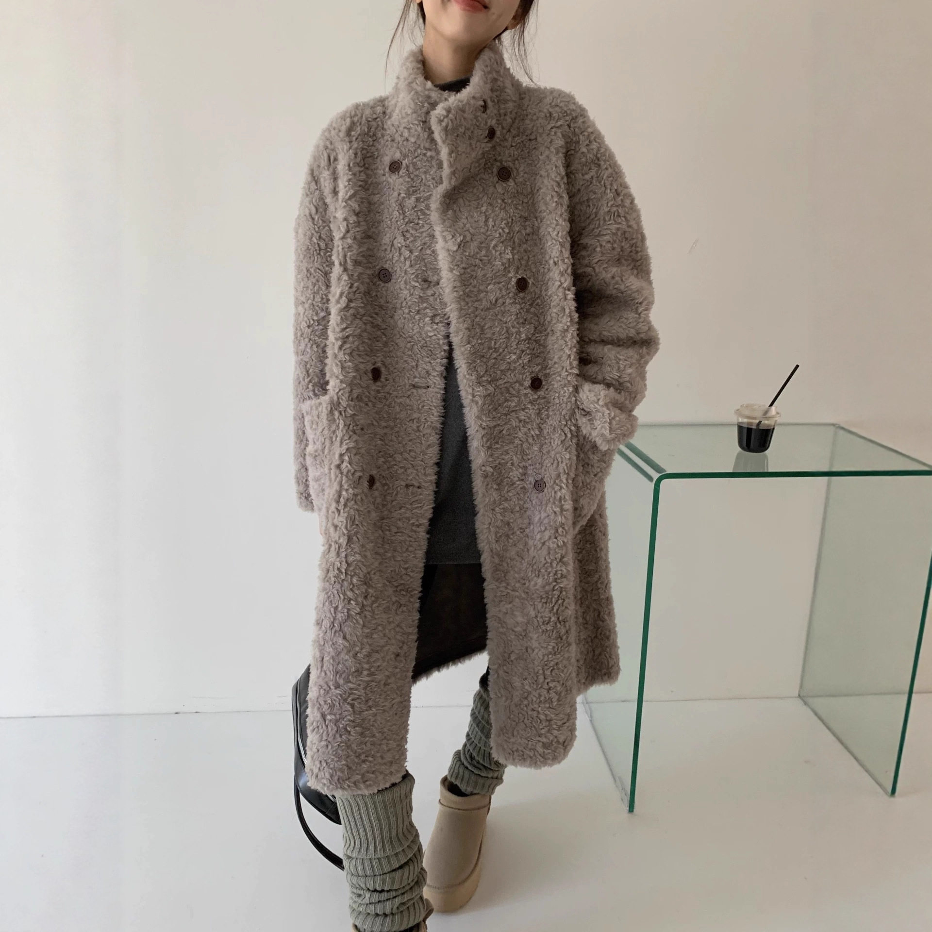长款立领羊剪绒 复合麂皮绒100羊毛大衣女冬季立领双排扣保暖外套