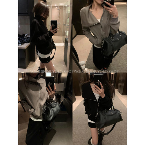 YOLO SHOP 层次叠穿ro风不规则斜门襟翻领卫衣秋高克重外套#5596Y