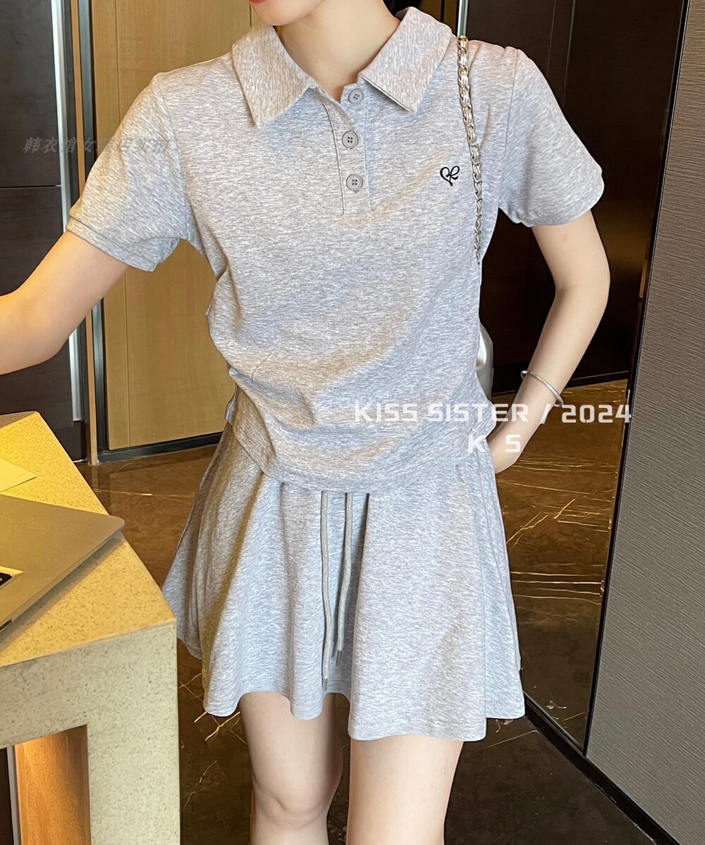 KISS SISTER休闲减龄套装女夏季polo领刺绣T恤+高腰a字短裙两件套