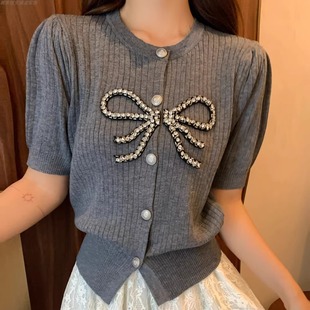 女2025秋时尚 TOP甜美蝴蝶结镶钻圆领单排扣针织开衫 优雅气质上衣