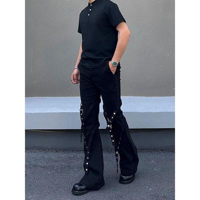 港潮男阁铆钉绑带微喇牛仔裤男女美式高街复古vibe工装裤子长裤秋