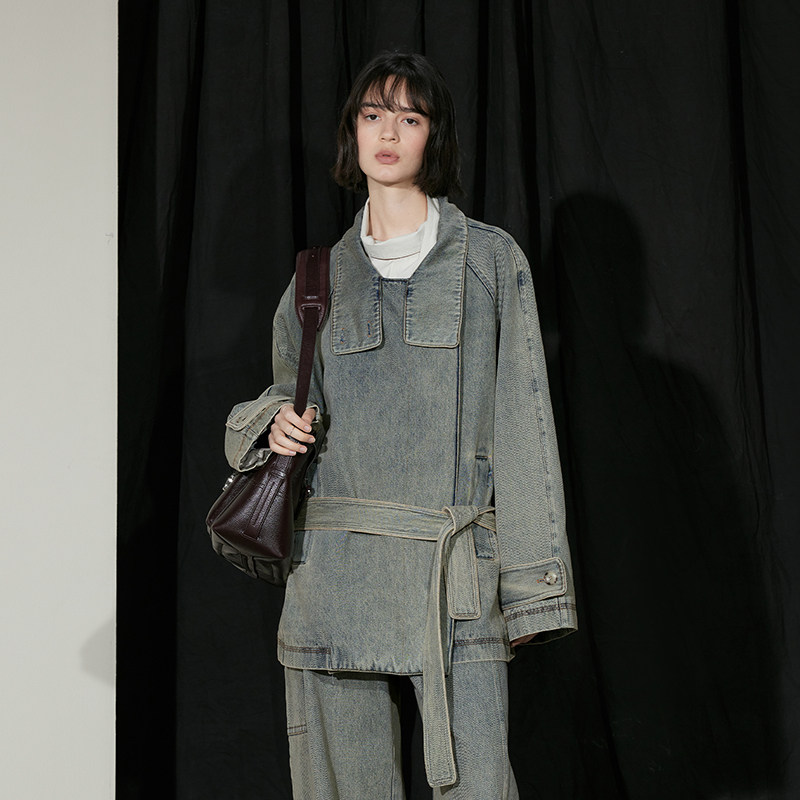 土耳其牛仔成衣染色 半圆[]2024秋水洗牛仔风衣女高级感