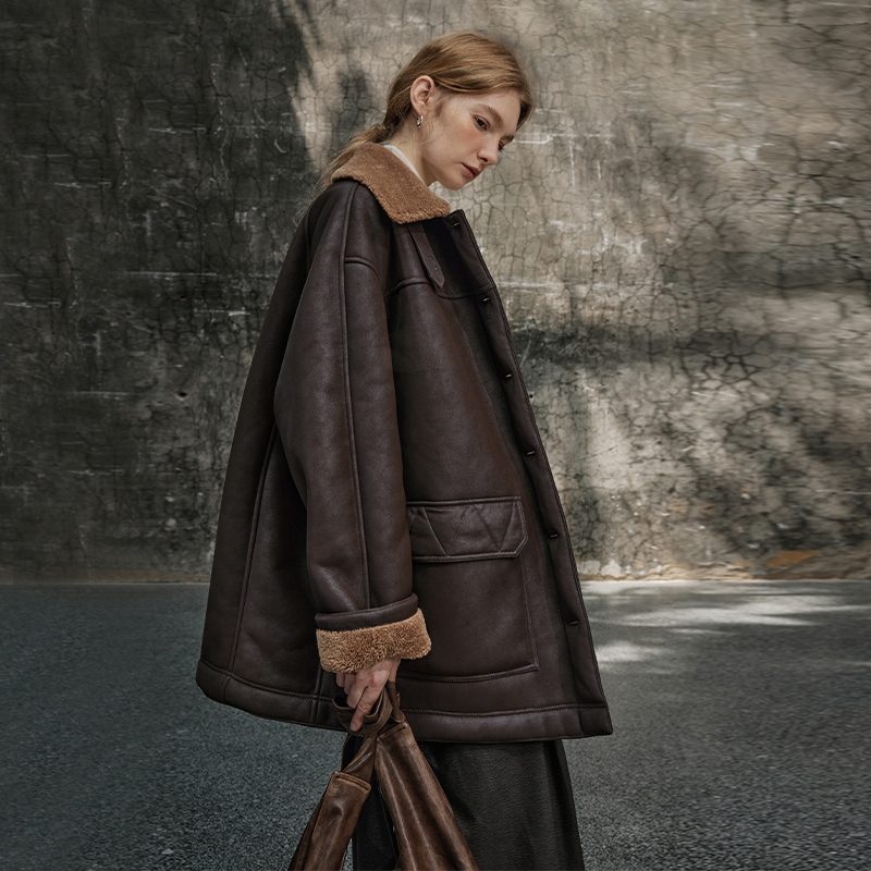 半圆原创设计师女装2025年冬季加绒加厚中长款皮毛一体夹克外套女