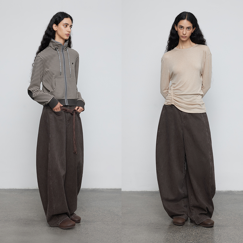 纯棉 半圆原创女装[复古]2025秋季宽松休闲立体长裤阔腿裤子女