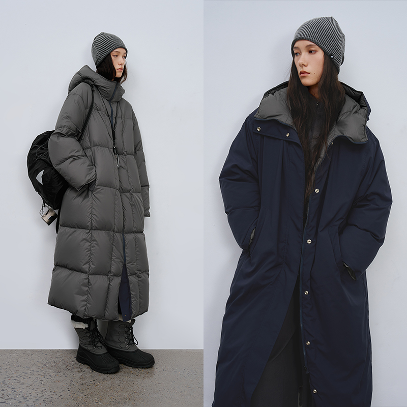 半圆女装[运动]2025冬长款两面穿宽松H型保暖实用连帽羽绒服女