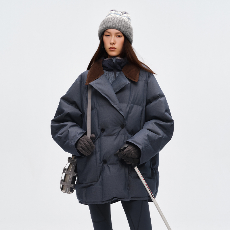 半圆原创女装[复古]2025冬灯芯绒翻领工装切线牛仔水洗羽绒服女