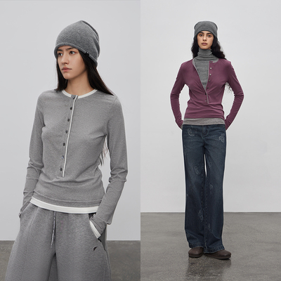 天丝混纺 半圆女装[运动]2025秋季圆领修身假两件亨利衫基础T恤