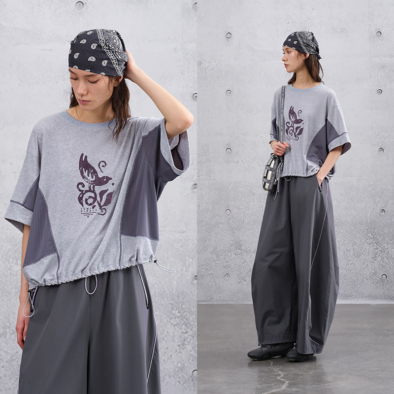 亚麻混纺 半圆女装[运动]2026夏季宽松休闲圆领印花拼接T恤女上衣