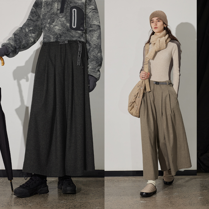 半圆原创设计师女装[运动]2025冬季加厚羊毛裤子女宽松阔腿裤裙裤